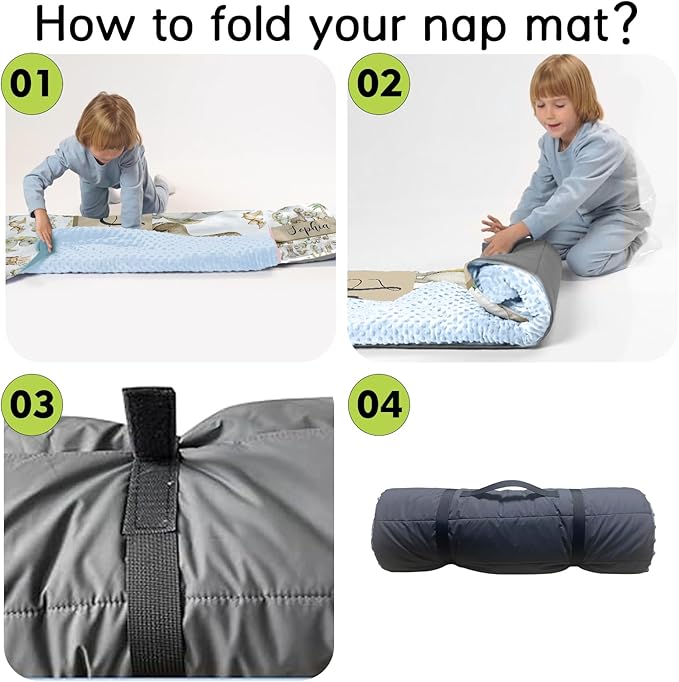 Personalized Toddler Nap Mats for Preschool, Custom Name Kids Sleeping Bag for Daycare, Roll Up Sleeping Mat with Removable Pillow and Soft Dot Minky Blanke for Boys Camping Travel