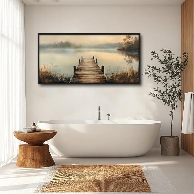 Olivine Large Wall Art, Retro Lake Pictures Wall Decor, Pier Painting, Nature Landscape Canvas Prints, Framed Artwork for Bathroom Bedroom Living Room Office Home Decoration 60"x30"