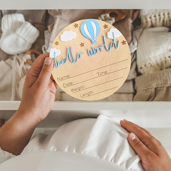 Hello World Newborn Sign - 5.9” Round Wooden Baby Announcement Sign with 3D Hot Air Balloon, Clouds & Stars - Keepsake Birth Gift for Baby Boy’s First Day, Hospital, Shower, or Nursery Décor (Blue)