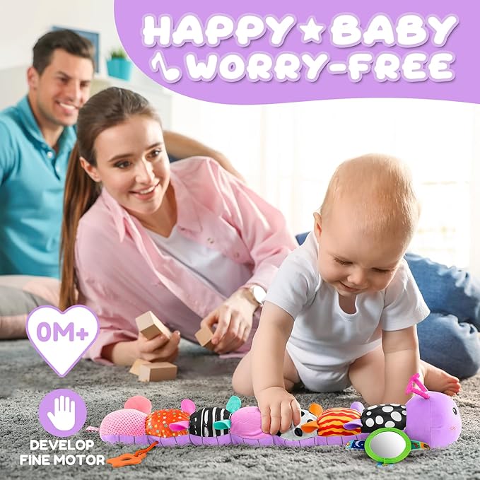 Baby Toys 0-6-12 Months,Musical Caterpillar Stuffed Animals Activity Infant Toys with Crinkle,Rattles,Mirror&Pull String,Muti-Sensory Toys Gifts for Newborn Tummy Time,Taro Purple|Leafy