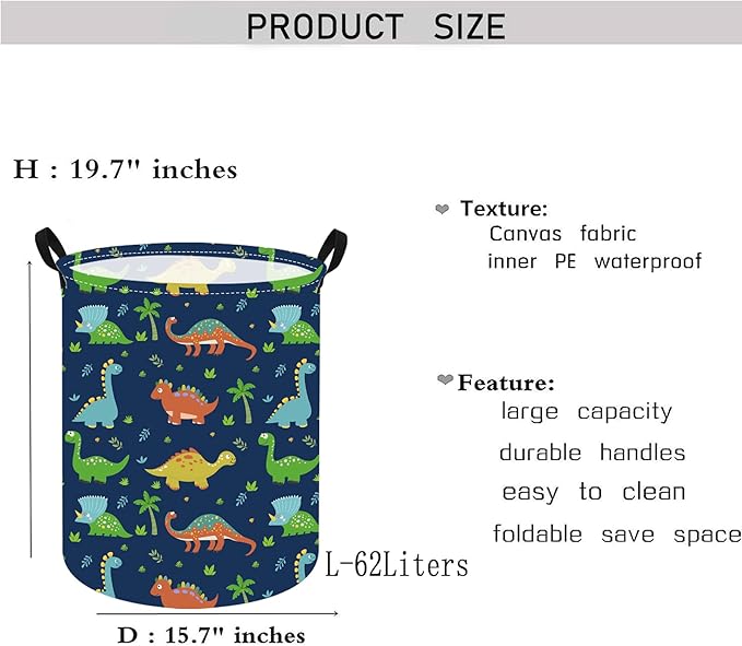 KUNRO Round Dinosaur Laundry Gift Basket Storage Hamper, Kids Toys and Clothes Storage Organizer Bins, Toy Shelf Basket with Handles for Room Decor