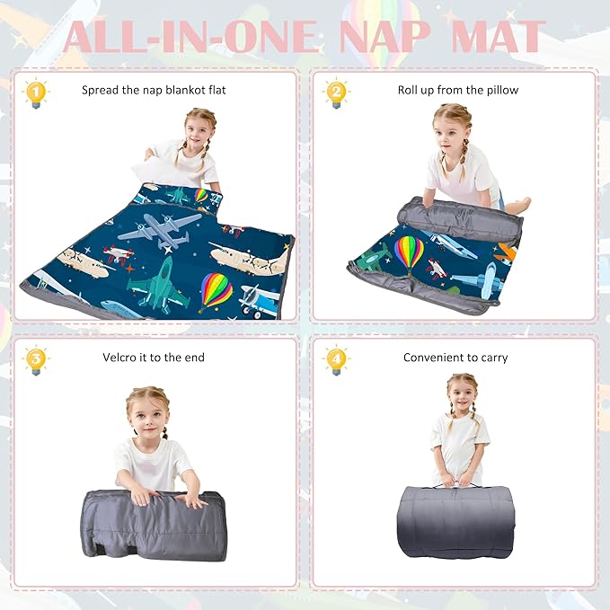 Cute Toddler Nap Mat with Pillow & Blanket，Soft Rolled Napping Mats for Boys and Girls
