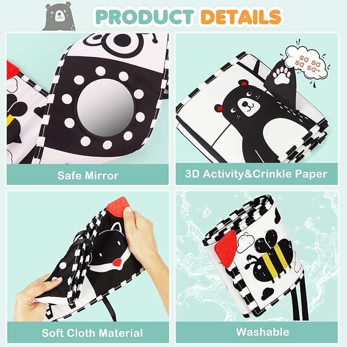 High Contrast Baby Toys for Newborn, Tummy Time Black and White Baby Toys for 0-6 Months, Soft Montessori Visual Stimulation Sensory Infant Book, Boy Girl Shower Gift Christmas Stocking Stuffers