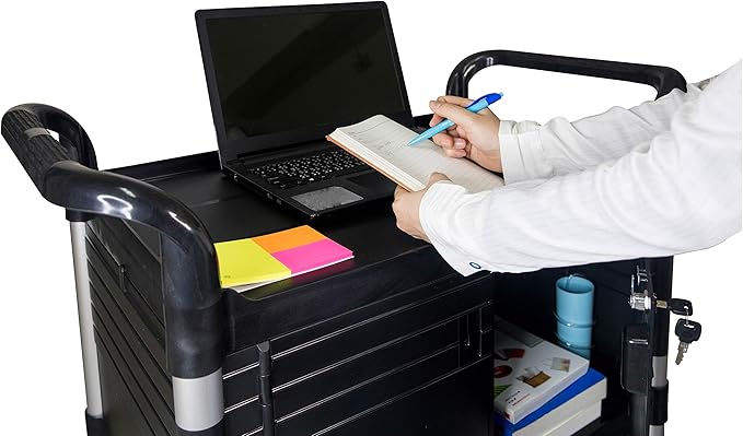 JaboEquip Commercial Heavy Duty Cabinet Rolling Medical Cart, Utility Cart, with 2 Lockable Doors Hospitality School Lab cart Service Cart, JB-3D2, Black Color