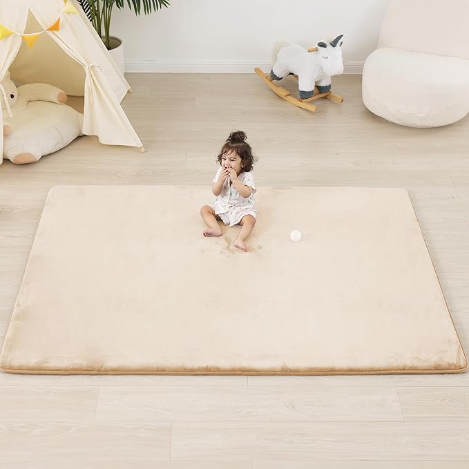 1.3" Thick Baby Floor Play Mat 50x74, Basic Padded Foam Mat for Tummy Time Crawling, Non Slip Cushioned for Babies Toddlers Infants Kids (Beige)