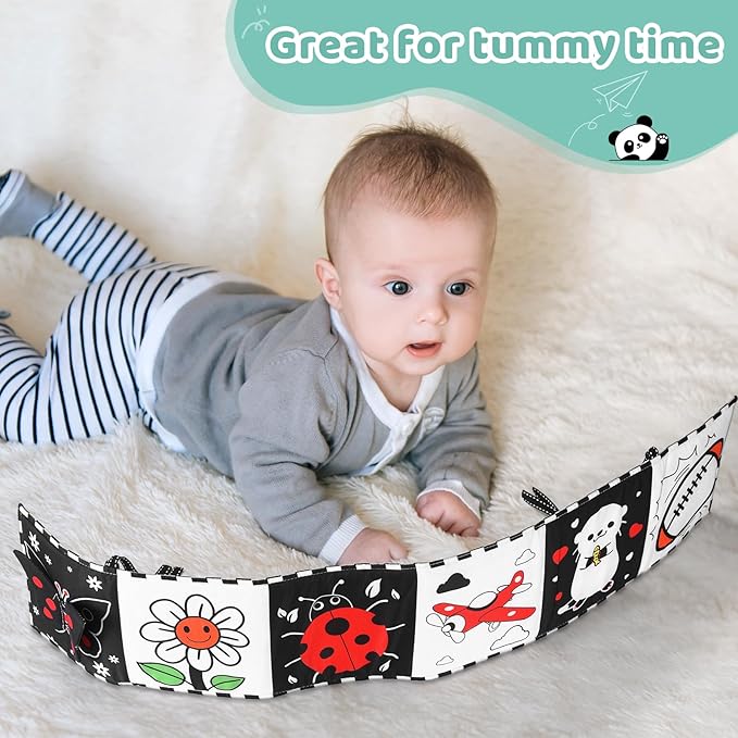 High Contrast Baby Book with Tummy Time Mirror & Contrast Cards | Black and White Visual Stimulation for Newborns 0-6 Months & Infants | Interactive Learning Gift, Baby Shower Essential