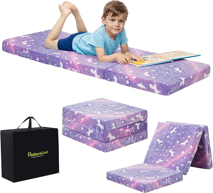MeMoreCool Foldable Floor Mattress for Kids, Glow Unicorn Toddlers Trifold Nap Mat, Kids Folding Mattress Portable Sleeping Futon for Daycare or Floor Bed, 57x22 Inch Purple