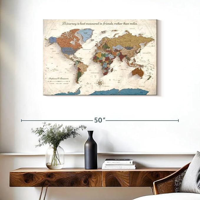 ElephantStock - Personalized Journey V Push Pin World Map Wall Art - Horizontal Canvas Wall Art - Living Room Wall Decor - Digital Art Map Canvas Art - Beige And Orange Decor - 36" x 24"