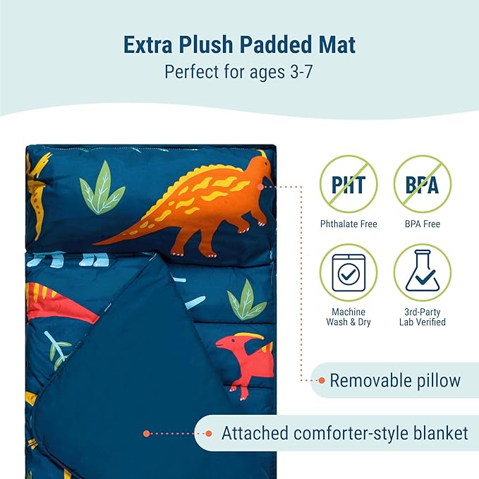 Wildkin Kids Microfiber Nap Mat – Soft Sleep Mat with Pillow, Ideal for School & Travel - Jurassic Dinosaurs