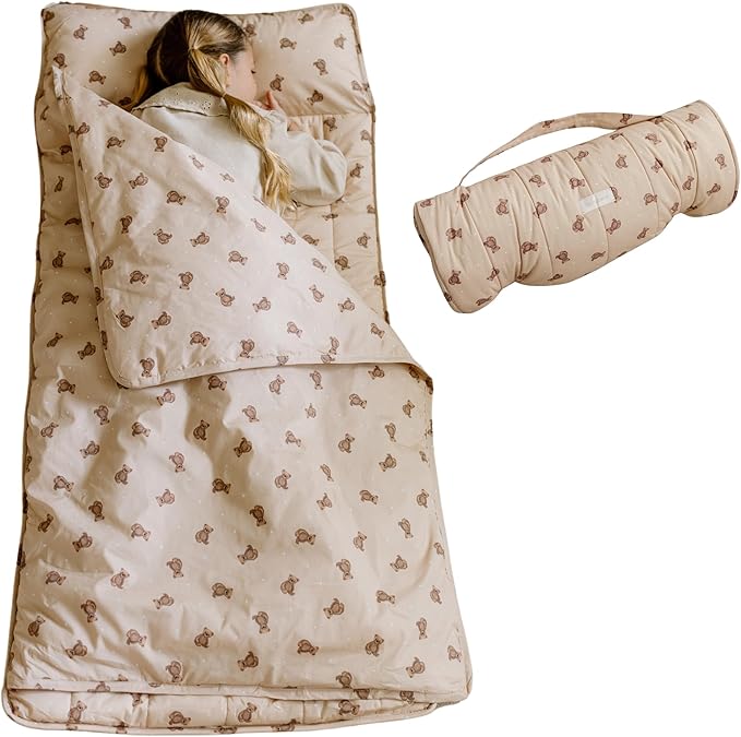 Organic Toddler Nap Mat – 100% Cotton Kids Washable Sleeping Mat & Detachable Pillow – Sleeping Bag with Soft 1.5” Pad – Ideal Nap Mat for Daycare, Preschool, & Sleepovers