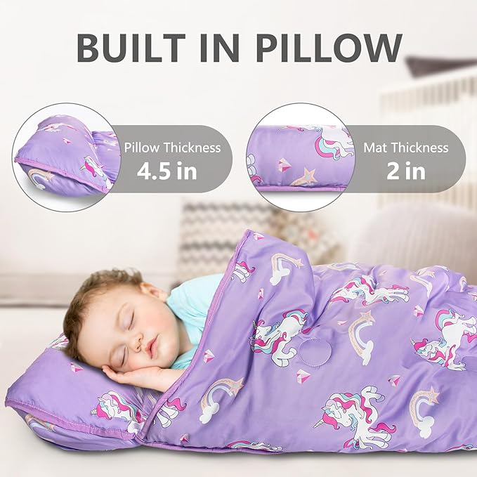 Primlect Thickened Toddler Nap Mat with Removable Pillow and Minky Blanket, Extra Large 55''x35'' Sleeping Bag, Washable, Roll up, Perfect for Daycare, Preschool, Kindergarten, Boys and Girls Purple