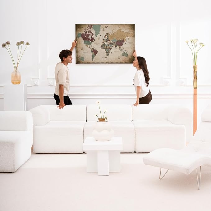 Canvas World Map with Cork Pin Board - English Lettering - Decorative Wall Decoration for All Rooms - Canvas Pictures with World Map Motif (70x50 cm, Pattern 12)