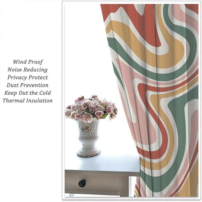 70S Abstract Wavy Swirl Curtain for Bedroom Windows,Retro Boho Minimal Teen Girls Kids Living Room Restroom Window Treatments Drapes 42"" W X 45"" L, Style-4