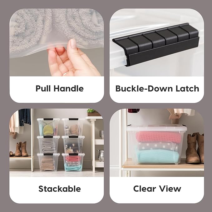 IRIS USA 19 QT Plastic Storage Box with Lid and Latches - 4 Pack - BPA-Free, See-Through Organizing Solution, Durable Nestable Stackable Containers, Secure Pull Handle - Clear