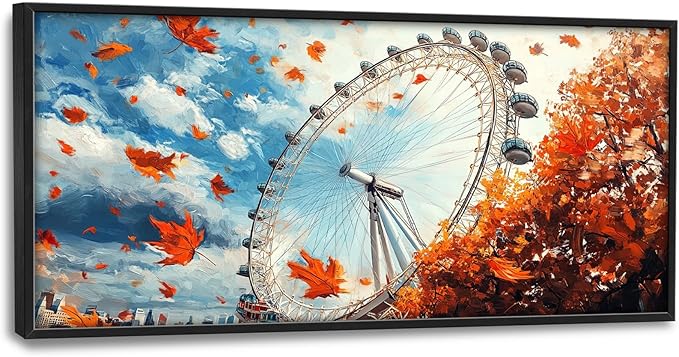 Olivine Large Fall Wall Art, London Eye Pictures Wall Decor, Fall London Painting, Autumn Canvas Prints, Framed Artwork for Bathroom Bedroom Living Room Office Home Decoration 60"x30"