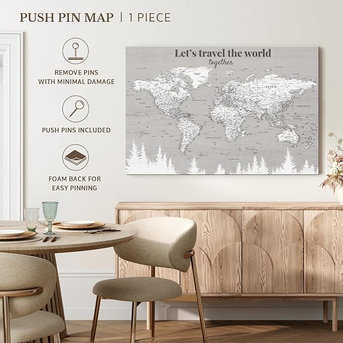 ElephantStock - Let's Travel II Push Pin World Map Wall Art - Horizontal Canvas Wall Art - Living Room Wall Decor - Digital Art Map Canvas Art - Gray And White Decor - 12" x 8"