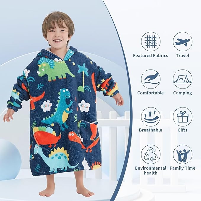 Fiosnow Dinosaur Blanket Hoodies for Kids Toddler 2-6YR Oversize Wearable Blanket Hoodies for Boys Girls