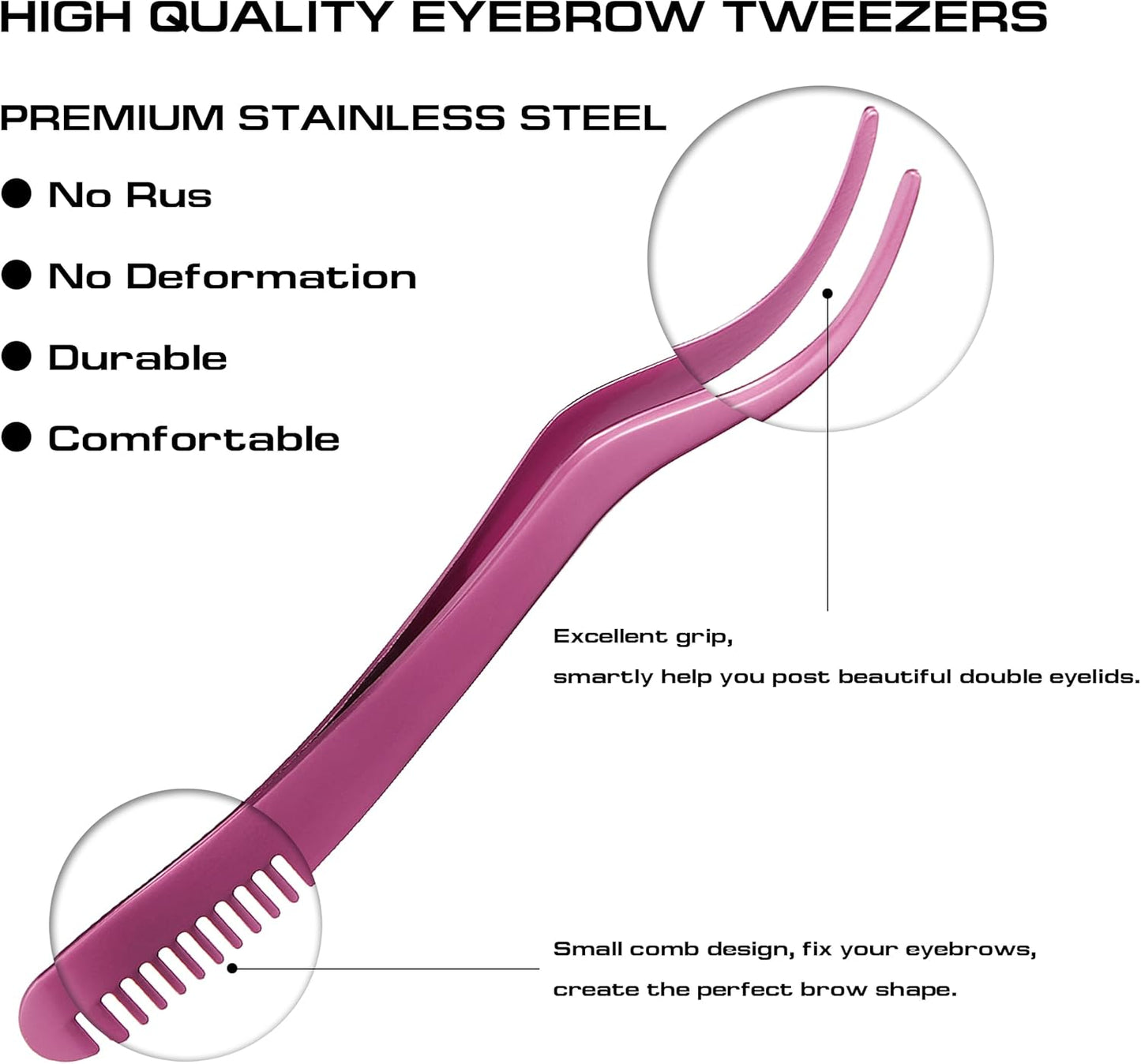 2 in 1 Lash Tweezer with Comb, Stainless Steel Elbow Tweezers, Eyelash Extension, Precise Eyebrow Tweezers Tool, Lashes Tweezer Applicator for DIY Applying False Eyelashes Clusters, Rose