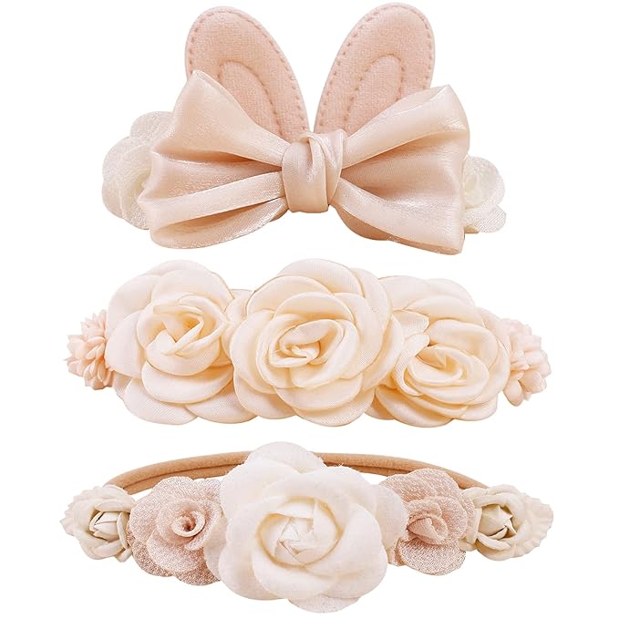 Baby Girl Headbands Nylon Flower Elastic Hairbands 3pcs Hair Accessories Gift for Newborn Infant Toddlers (TU-HDJ-3PCS)