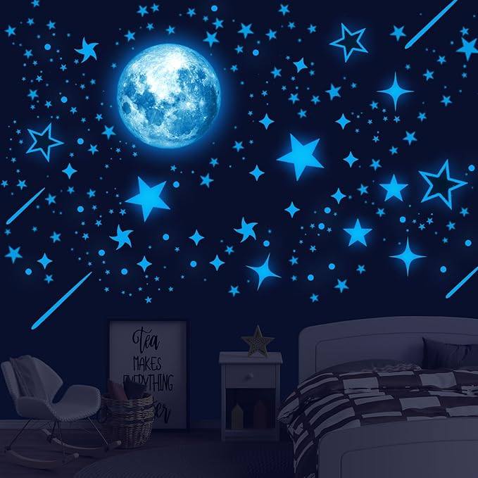 Glow in The Dark Stars for Ceiling, Starry Sky Stars and Moon Wall Decals, Space Solar System Galaxy Planets Wall Decors, for Kids Nursery Bedroom Living Room, Birthday Party Christmas
