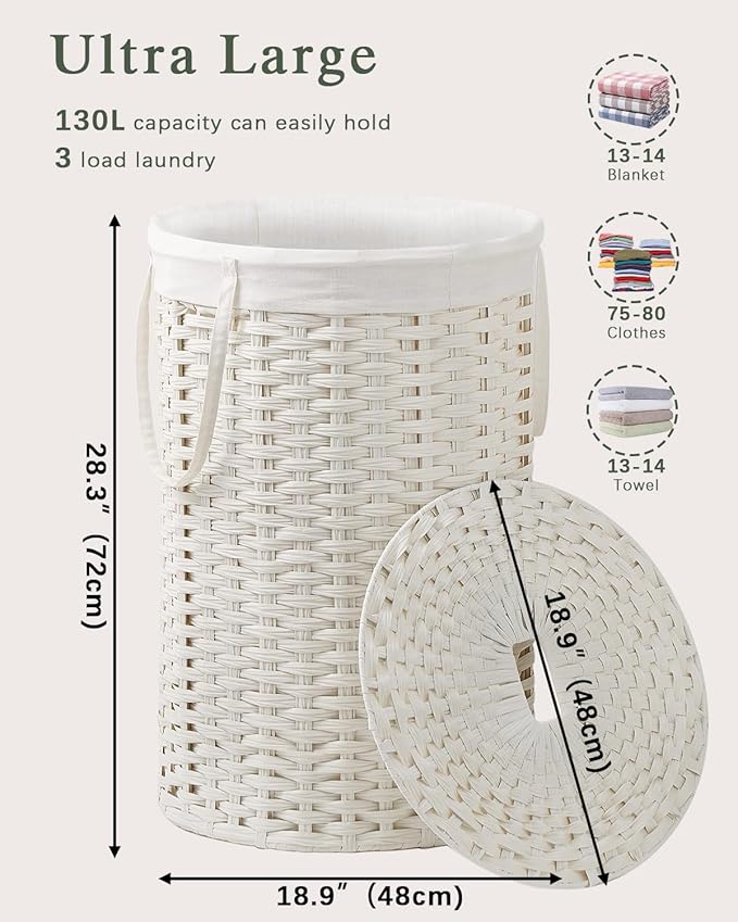 Large Laundry Hamper Laundry Basket Round 34.3 Gal (130 L) Handwoven Wicker Laundry Baskets Rattan Laundry Basket with Laundry Bag Handles 2 Mesh Bags for Living Room Bedroom White