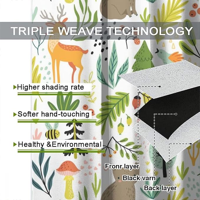 Cartoon Forest Kids Blackout Curtains,Cute Woodland Wild Animals Colorful Deer Plants Trees Print Pattern Thermal Insulation Window Drapes for Nursery Boys Girls Bedroom,White Background 63x63in