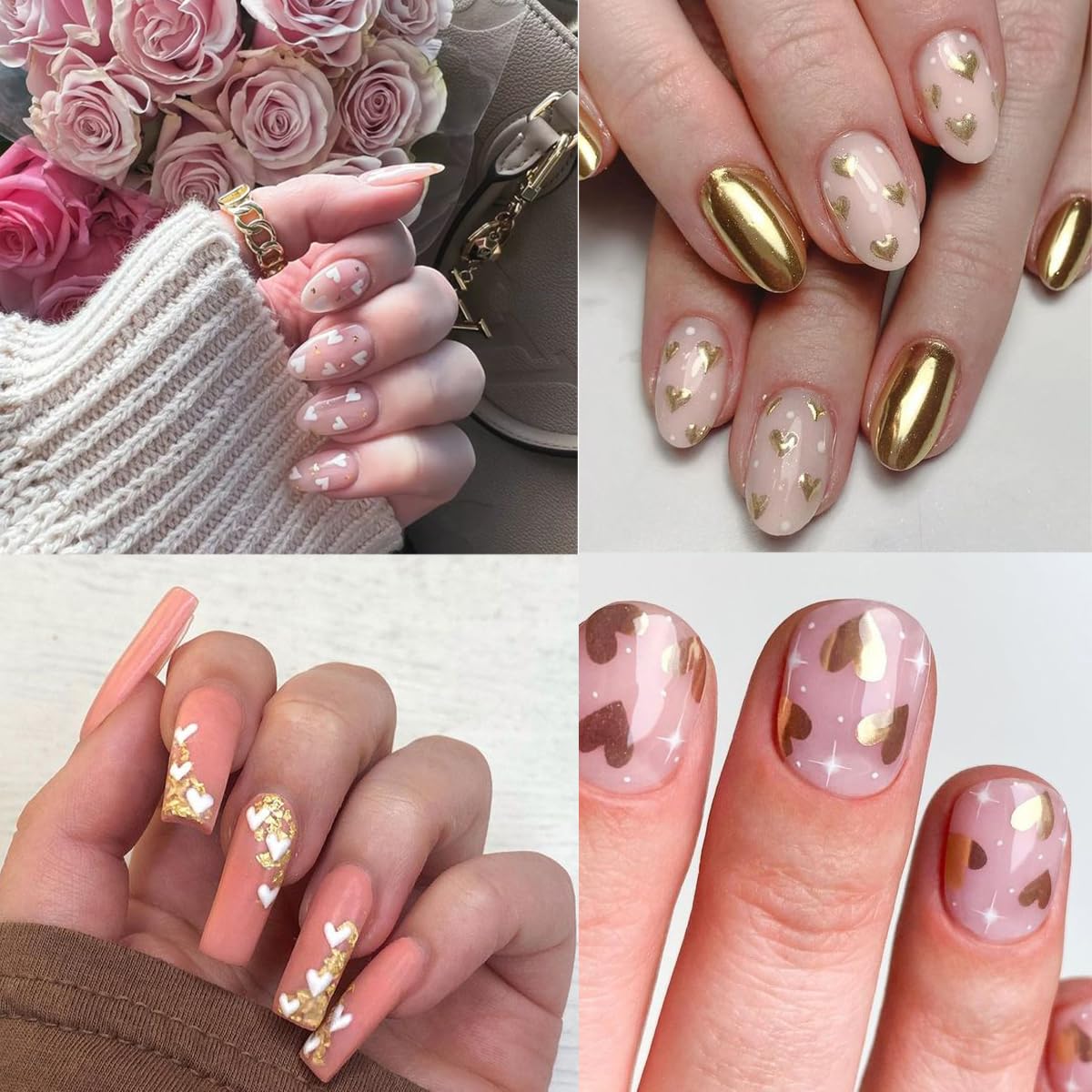 9 Valentines Nail Art Heart Stickers - Self-Adhesive Gold, 3D Rose Love Cupid Heart Letter Nail Decals for Women