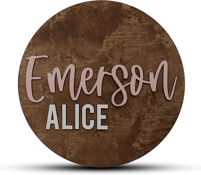 Custom Round Nursery Name Sign, Personalized Wooden Wall Plaque, 12" 18" 24", 30" 3D Wall Art for Children & Kids Rooms, Baby Shower, Hickory Hollow Designs (Emerson Alice)