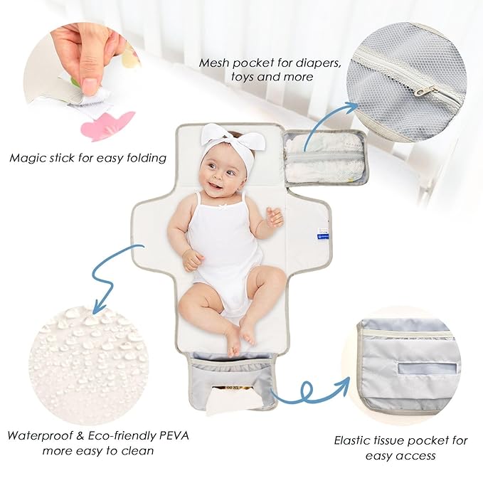 Flowers Portable Changing Pad with Built-in Pillow, Waterproof Foldable Baby Diaper Changing Pads, Diaper Mat for Boys and Girls