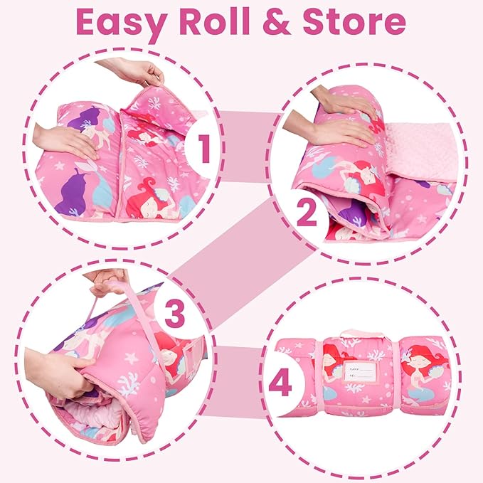 Toddler Nap Mat with Pillow and Minky Blanket, Large 55"x35" Sleeping Bag, Washable, Lightweight, Easy to Roll, Perfect for Preschool, Daycare, Kindergarten, Travel, Boys and Girls(Mermaid)