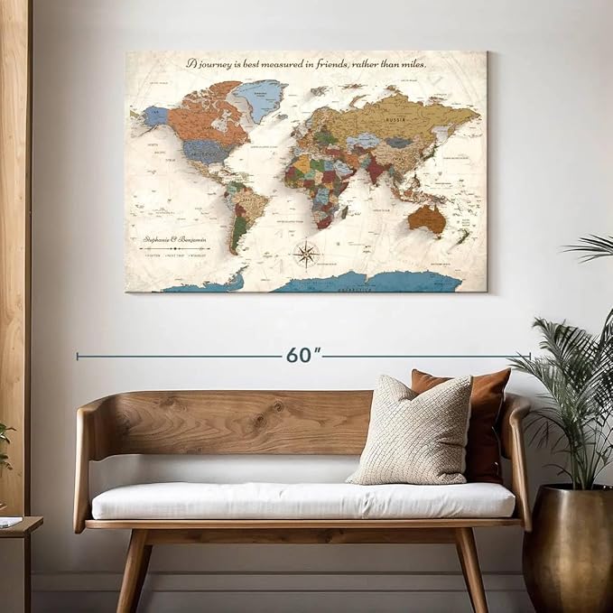 ElephantStock - Personalized Journey V Push Pin World Map Wall Art - Horizontal Canvas Wall Art - Living Room Wall Decor - Digital Art Map Canvas Art - Beige And Orange Decor - 48" x 32"
