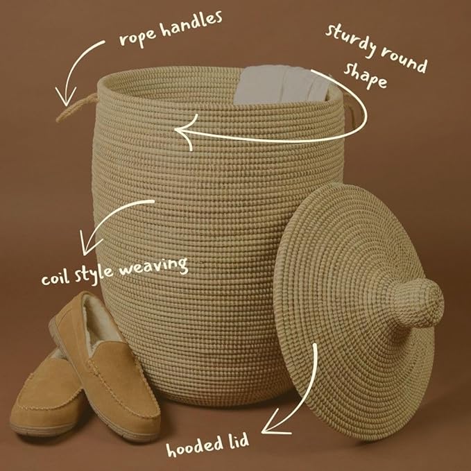 Tall Large Decorative Wicker Storage Basket with Lid, Laundry Hamper, Blanket Storage, Toys Bin, Clothes Holder, Boho Style (Beige)