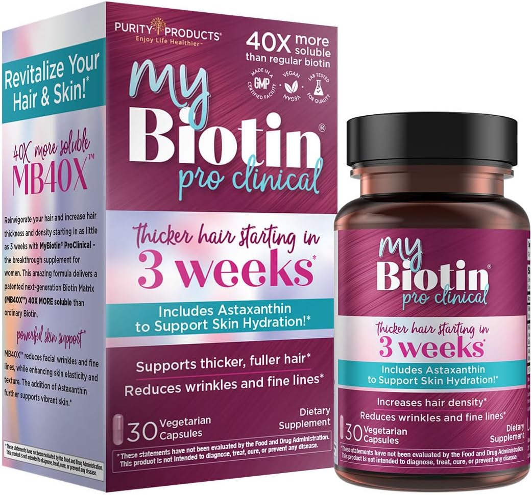 Purity Products MyBiotin ProClinical – Thicker Hair Starting in 3 Weeks & Fights Wrinkles - MB40X Patented Biotin Matrix w/Astaxanthin - 40X More Soluble vs Ordinary Biotin 30 Veg Cap