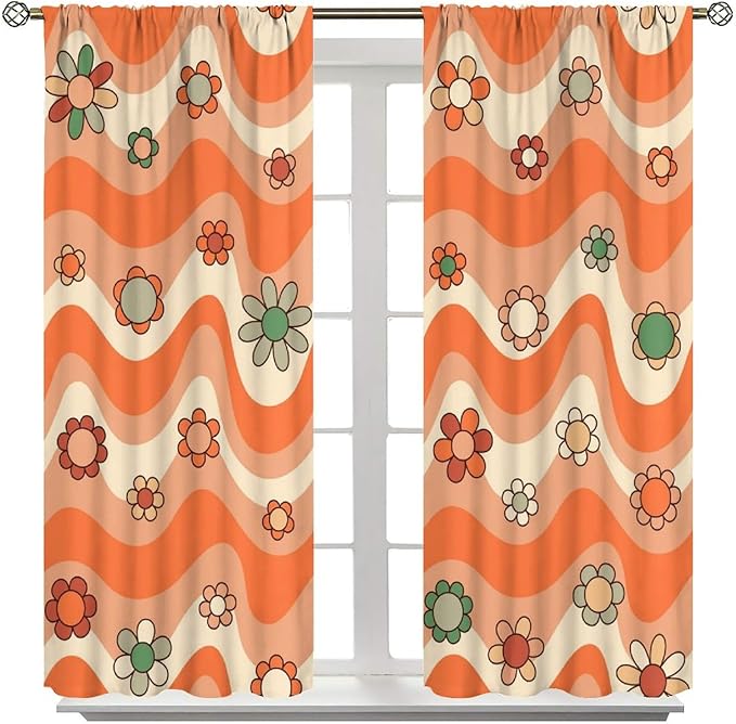 70s Boho Retro Curtains for Bedroom,Groovy Vintage Floral Rainbow Window Treatments Drapes for Kids Girls Window 72"" W X 63"" L, Style-6