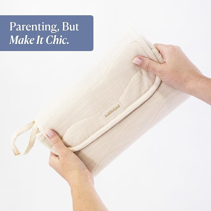 Toddlekind Mini Maven Portable Changing Pad – Organic Cotton & Water-Resistant Polyester – Travel-Friendly, Foldable Change Mat – Tofu Beige Stripes with Wave Stitching – Chic, Durable, Easy to Clean