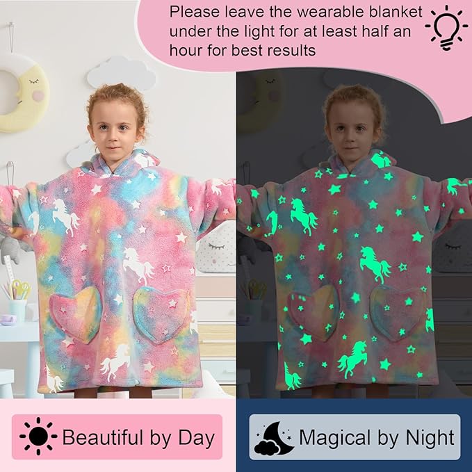 Fiosnow Glow in the Dark Horse Blanket Hoodies for Kids Toddler 2-6YR Oversize Wearable Blanket Hoodies for Boys Girls