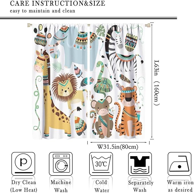 Jungle Tribal Animals Curtains, Southwest Aztec Cartoon Funny Zoo Animals Giraffe Lion Elephant Zebra Tiger Print Thermal Insulation Window Drapes for Kids Boys Girls Bedroom Living Room 63x63in