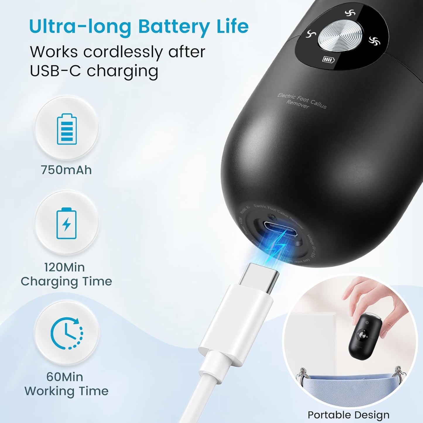 Quaferen Electric Foot Callus Remover 3-Speed Rechargeable Foot File Portable Pedicure Tools for Feet with Stainless Steel Head IPX6 Waterproof Foot Scrubber for Dead Hard Cracked Dry Skin (Black)