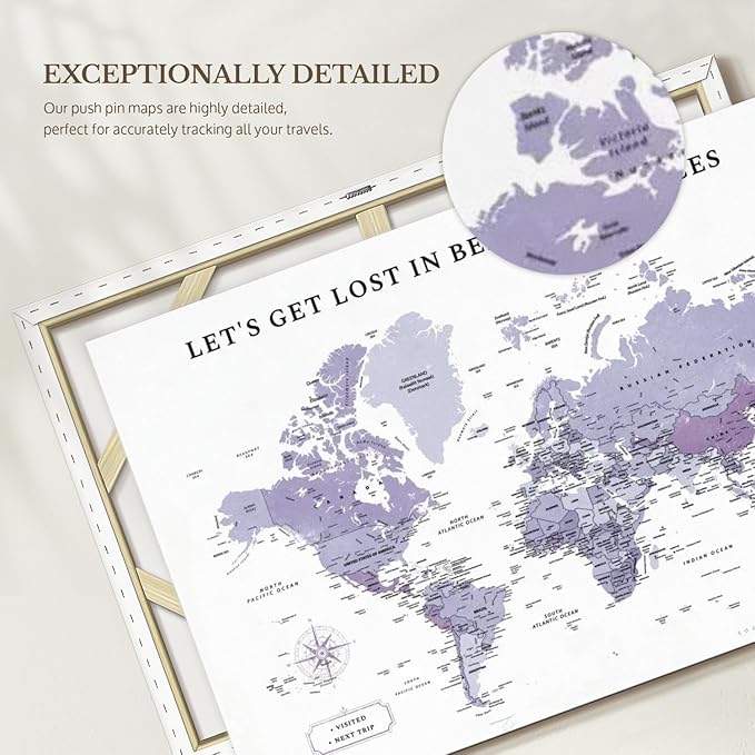 ElephantStock - Beautiful Places II Push Pin World Map Wall Art - Horizontal Canvas Wall Art - Living Room Wall Decor - Digital Art Map Canvas Art - White And Black Decor - 48" x 32"