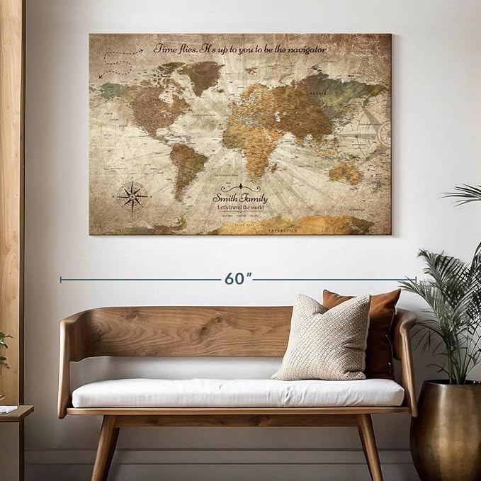 ElephantStock - Personalized Be The Navigator I Push Pin World Map Wall Art - Horizontal Canvas Wall Art - Living Room Wall Decor - Digital Art Map Canvas Art - Brown And Beige Decor - 51" x 34"