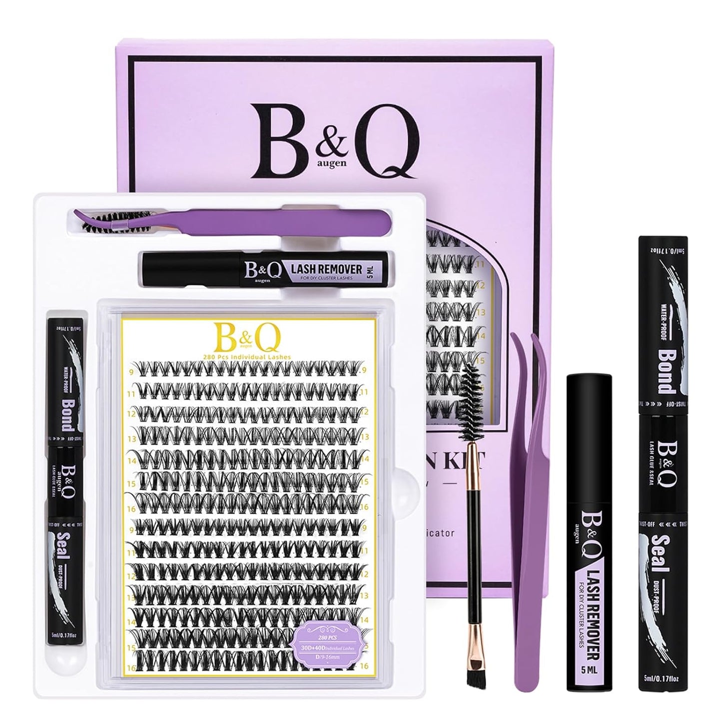B&Q Lash Clusters Kit 280PCS Eyelash Clusters Kit,30D 40D D 9-16MIX Individual Lash Comfortable Eyelash Extension Set, Classic Look with Bond and Seal Waterproof, Remover DIY at Home(Set,30D+40D)