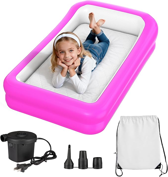CAMPLAND Inflatable Toddler Travel Bed, Portable Kids Air Mattress with Soft Bed Sheet, Toddler Air Mattress with Surround Safety Bumpers, ldeal for Home Use or Travel, Includes Pump and Carry Bag