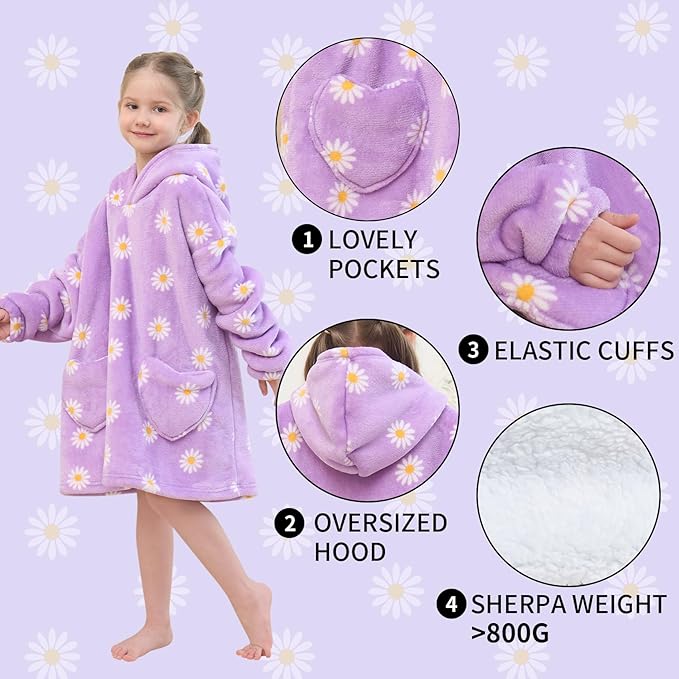Fiosnow Daisy Flower Blanket Hoodies for Kids Toddler 2-6YR Oversize Wearable Blanket Hoodies for Boys Girls Teens