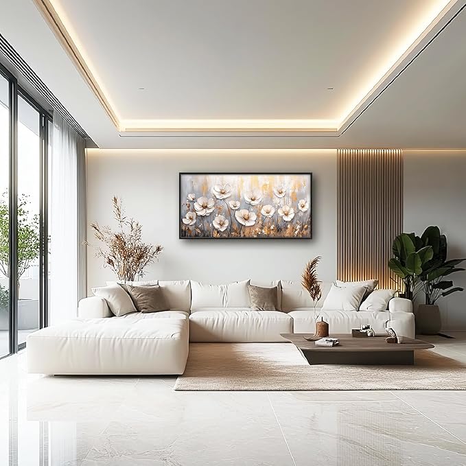 Olivine Flower Large Wall Art, White Floral Pictures Wall Decor, Retro Flowers Paintings Canvas Prints, Framed Artwork for Dining Room Bedroom Living Room Office Bathroom Home Decoration 60"x30"