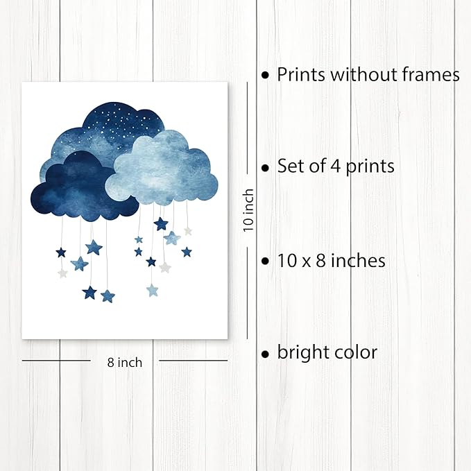 PUHEI Elephant Nursery Wall Art Prints Set of 4, Moon and Stars Nursery Wall Posters Decor for Boys Girls Room, Elephant Baby Gifts for Boys Twins Poster Prints (8x10 Inches UNFRAMED)