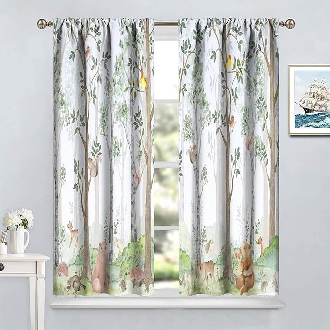 Kids Watercolor Woodland Animal Window Curtains, Bear Deer Squirrel Hedgehog Fox Birds Green Forest Blackout Rod Pocket Treatment for Boys Girls Bedroom 42x63in