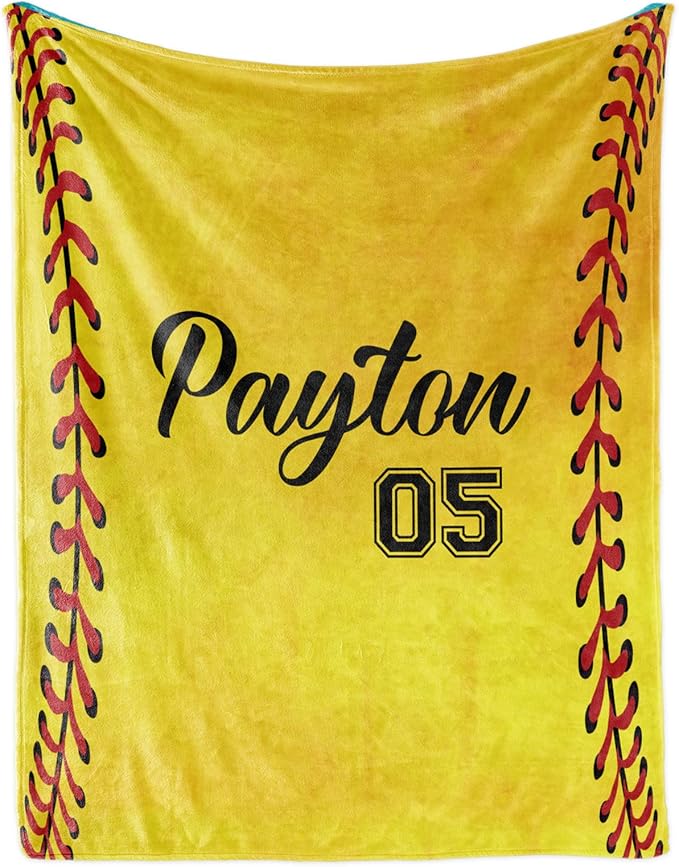 Personalized Softball Kids Blanket with Naumber and Name - Custom Sport Bed Blankets Gift for 0-3 Months Baby Essential - Super Warm and Comfortable 60x80inch