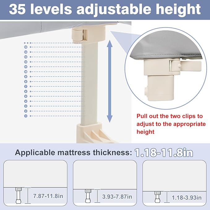 Ciilee Baby Bed Rail for Toddlers Portable Travel Kids Beds Guard Rails for Queen Bed Foldable Children Side Railing for Twin Beds Adjustable Bedrail Barandas para Camas de Niños（Grey,32in