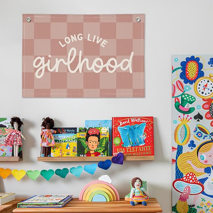 "Long Live Girlhood" Linen Canvas Wall Hanging 20x30 Inch - Pink Buffalo Check Girls Nursery & Toddler Room Decor, Banner Flag for Playroom Wall Art