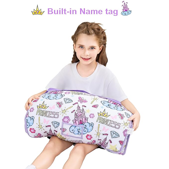 Viviland Toddler Nap Mat, Rolled Sleeping Mats with Pillow and Minky Dot Blanket for Girls, Kids Slumber Bag Nap Mat for Preschool, Daycare, Kindergarten, Travel Camping - Princess Fantasy